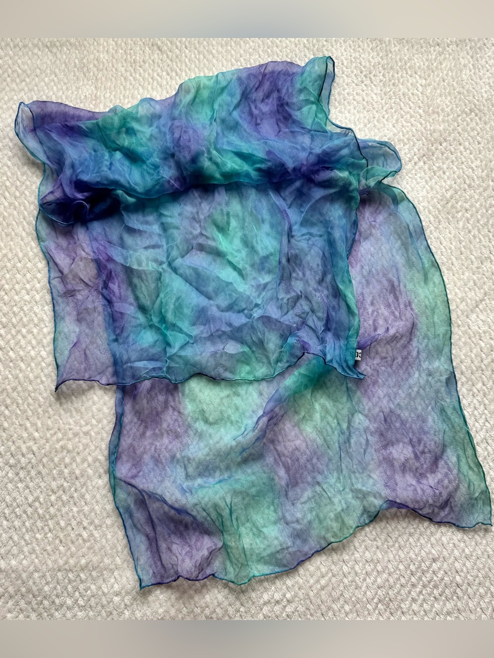 Vintage Chicos Silk Scarf 20”x58” Blue Purple Whimsical Fairy Ethereal Mermaid